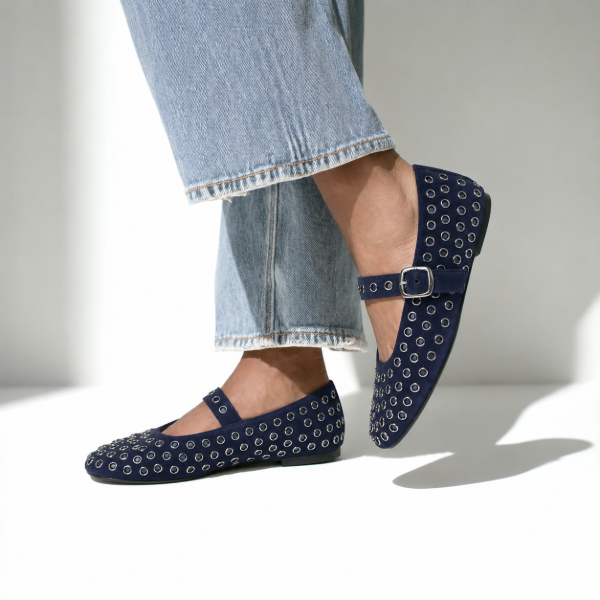 Ballet Flats in Navy blue suede studded embellished with genuine 4mm Swarovski® Dark Indigo stones