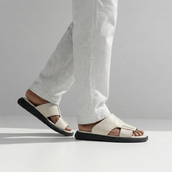 Beige slip-on sandals in calfskin