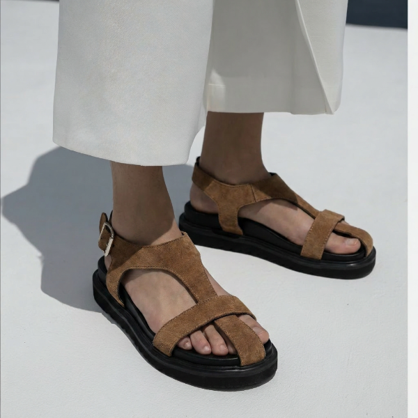 Camel thick-soled flat sandals