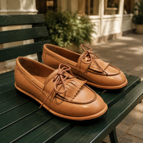 Camel premium leather kiltie-loafers