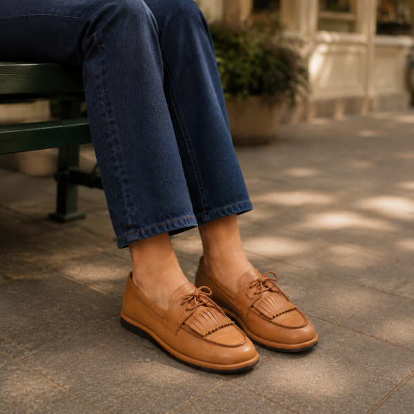 Camel premium leather kiltie-loafers