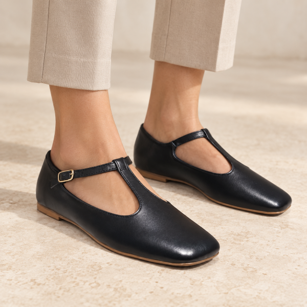 matte black T-strap flat-ballets