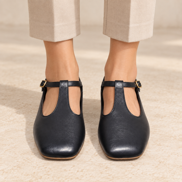 matte black T-strap flat-ballets