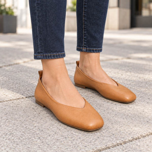 V-Cut Leather ballet flats in Tan color