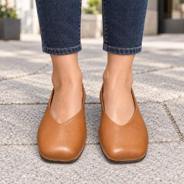 V-Cut Leather ballet flats in Tan color