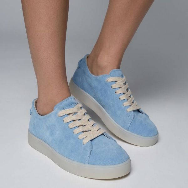 Soft sky blue suede sneakers with clear outsole