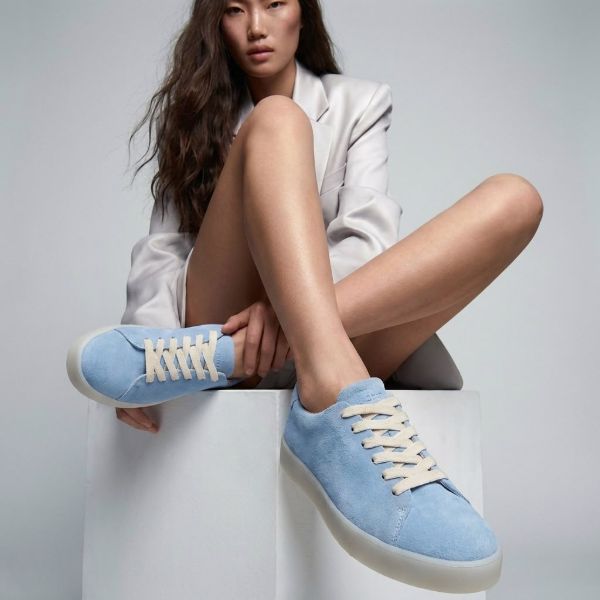 Soft sky blue suede sneakers with clear outsole