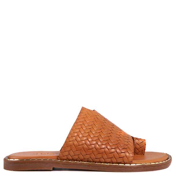 Flat slide sandals with an open toe and a loop around the great toe