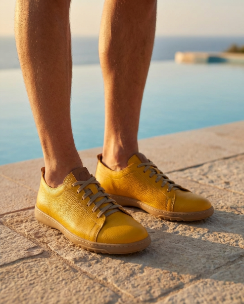 lightweight & flexible full grain leather sneakers in yellow color