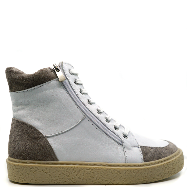 White & Grey Leather High Top Sneakers