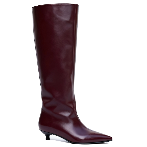Burgundy patent leather tall boots with kitten heels