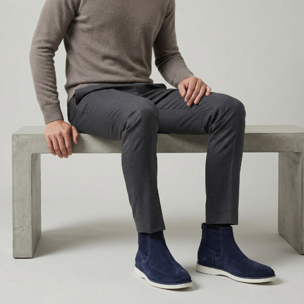 Moc toe navy blue suede chelsea boots for men