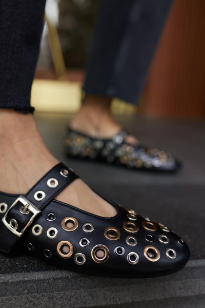 Black leather trendy studded ballerina