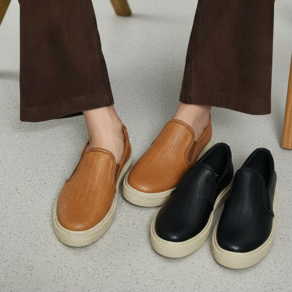 Woven tan slip-ons